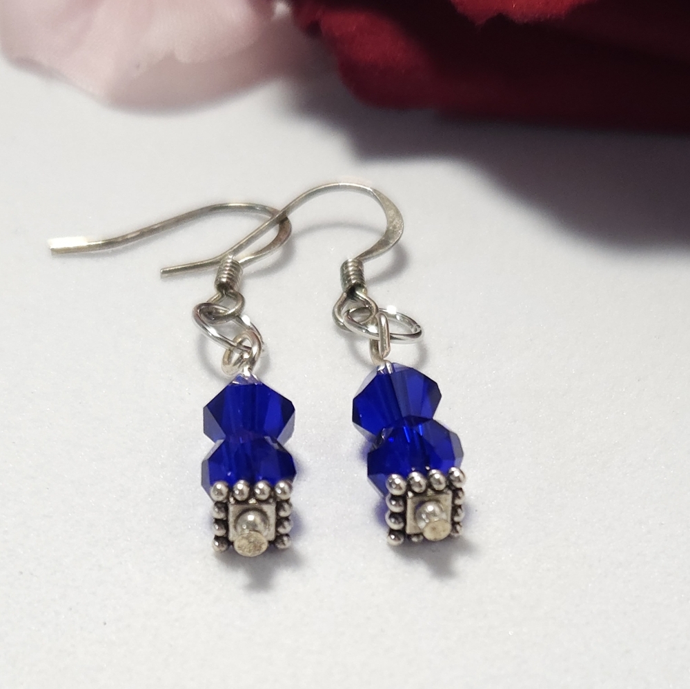 Handmade Cobalt Blue Crystal Silver Dangle Earrings Handmade By Me - Picture 5 of 6